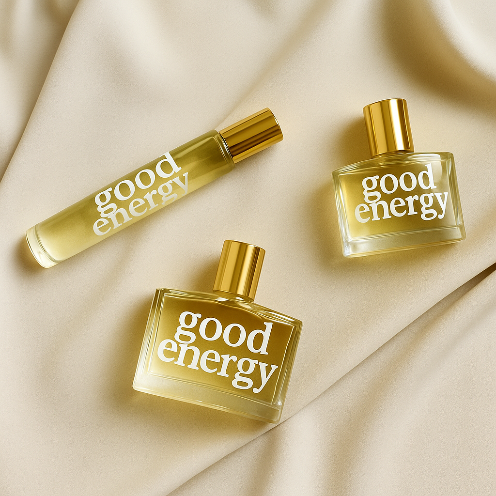 Three 'good energy' perfume bottles on a beige fabric background